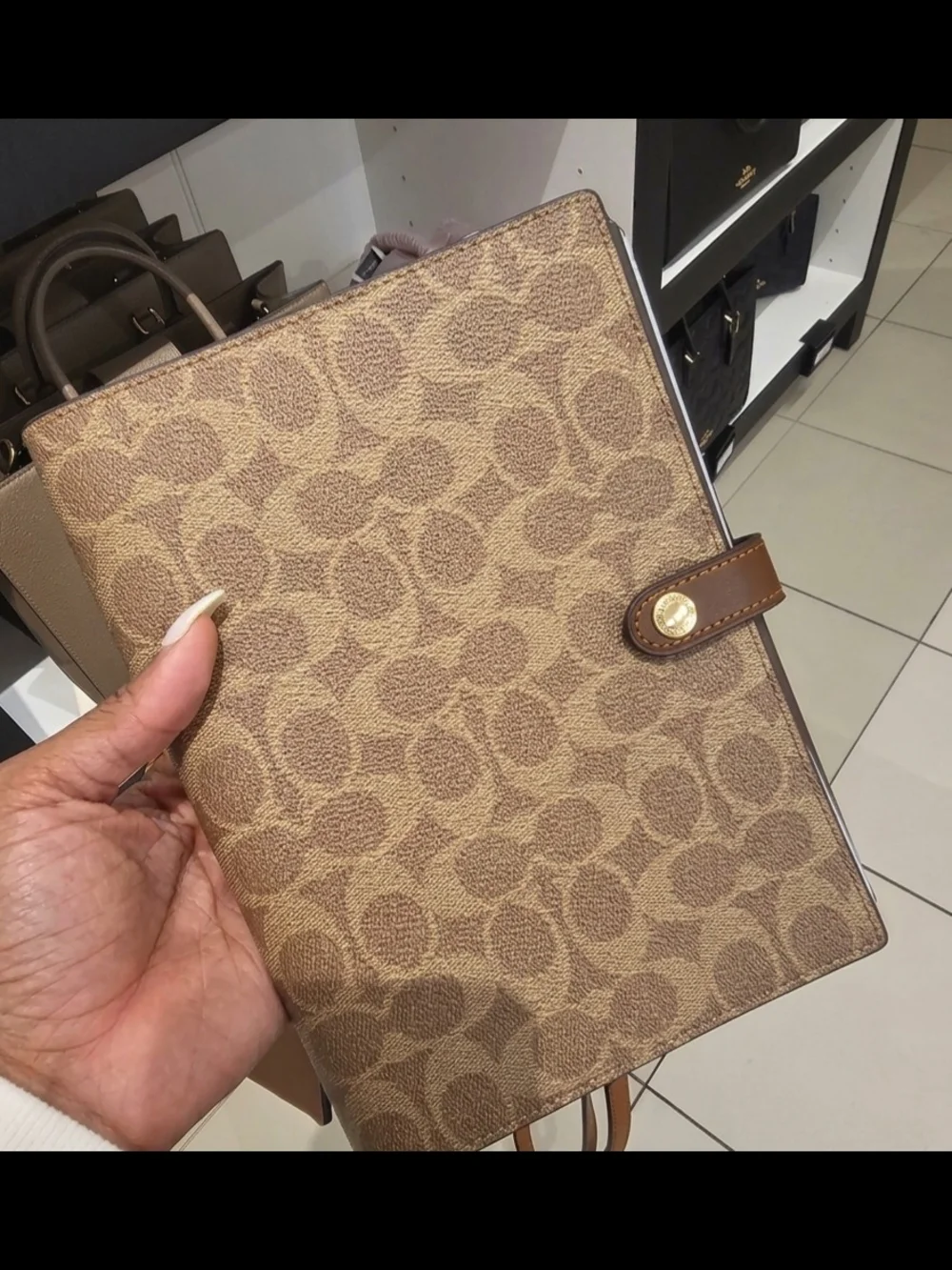 New Coach Brown Signature Canvas Planner Cover with Leather Snap